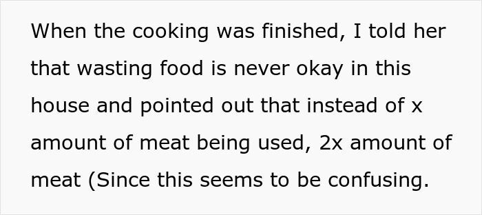 Text excerpt about a mom teaching her vegan teen a lesson on wasting food by making her cook meat.