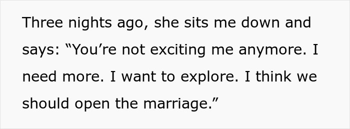 Alt text: Man devastated after wife says he doesn&rsquo;t excite her, considers divorce, and suggests open marriage conversation.