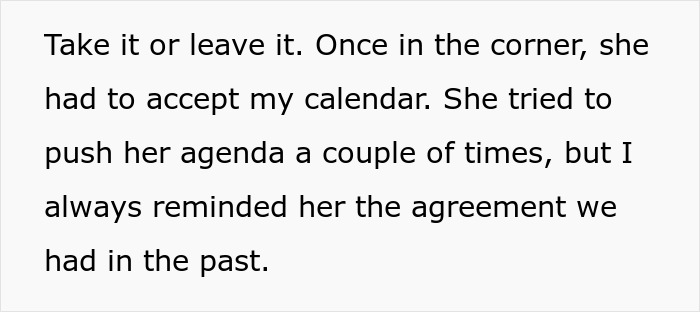 Text excerpt showing a conversation about accepting a calendar and reminding about a past agreement related to work-life balance.