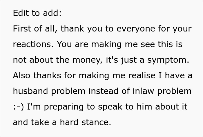 Text message discussing a woman&rsquo;s realization about a husband problem instead of an in-law problem related to money expectations.