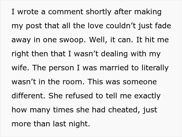 Text post describing a husband realizing his wife admitted to cheating multiple times and refusing to disclose details.