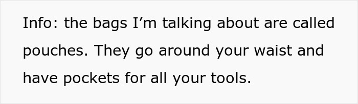 Explanation text about pouches for tools, describing waist bags with pockets for tool storage and organization.