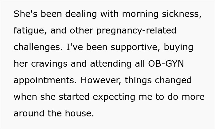 Text describing pregnancy struggles and a husband's refusal to help, focused on delusional breadwinner attitude.