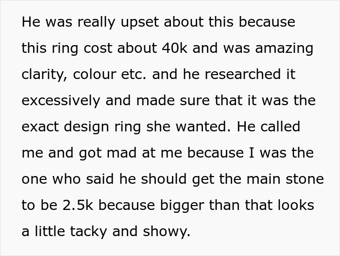 Text detailing a 40K ring complaint. Brother calls off entire proposal after sister's input on the engagement ring.