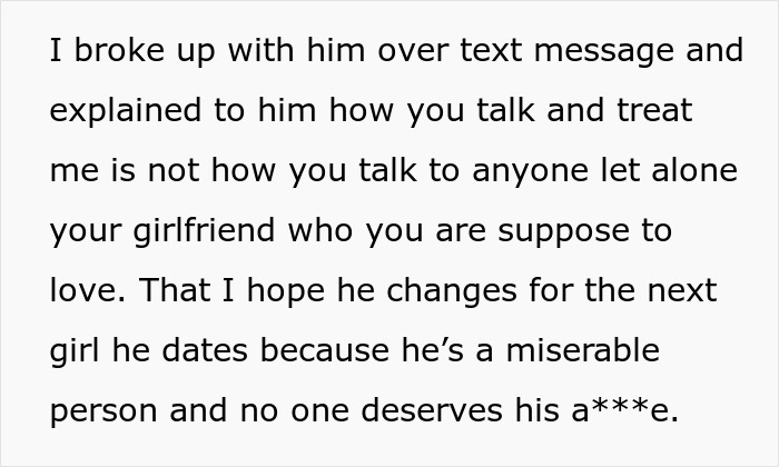 Text message breakup explaining how a man pursues woman and nags her daily to lose weight, causing hurt in the relationship.