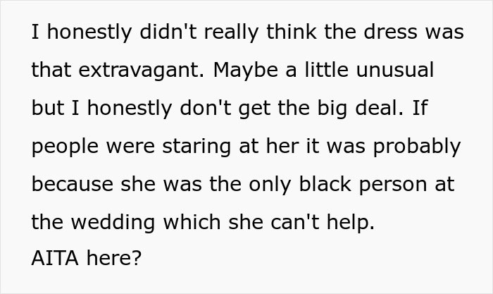 Text discussing drama caused by approving an outfit for sister&rsquo;s wedding that was expected to create controversy.