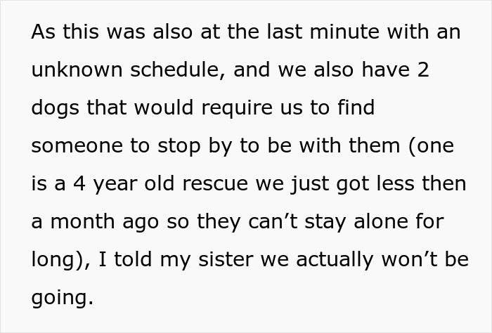 Text explaining a lady skipping nephew's uncertain boxing match to care for her two rescue dogs, causing sister's anger.