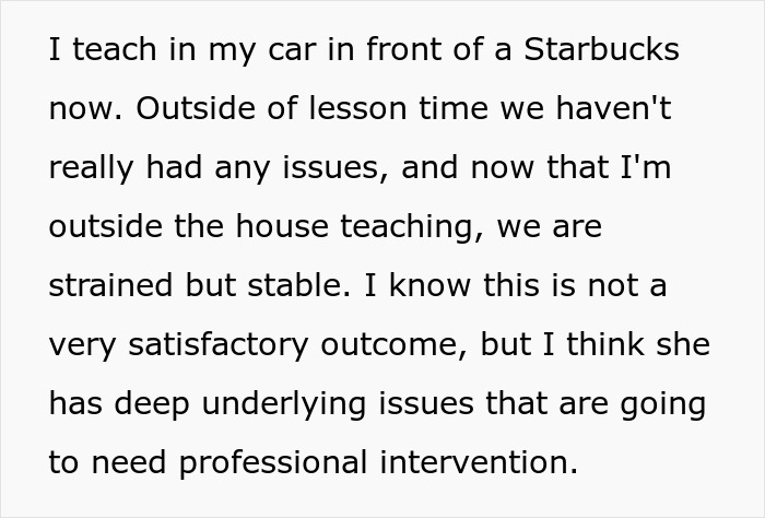 Text showing a teacher describing teaching from his car and mentioning a toxic wife causing strain during Zoom lessons.