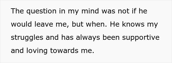 Text on white background discussing feelings about a husband&rsquo;s support and struggles, related to wife seeing hubby without shirt.