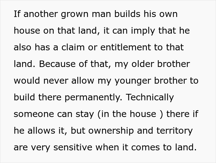 Text excerpt about brother-inherited land money discusses claims, ownership, and building rights on inherited family property.