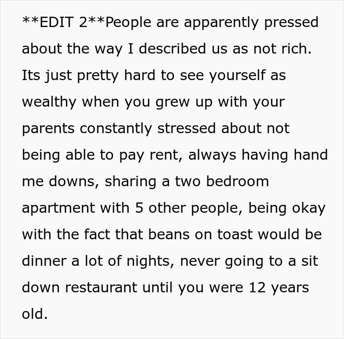 An excerpt from a post about the $40K ring complaint, detailing a challenging childhood to illustrate why they don't feel rich.