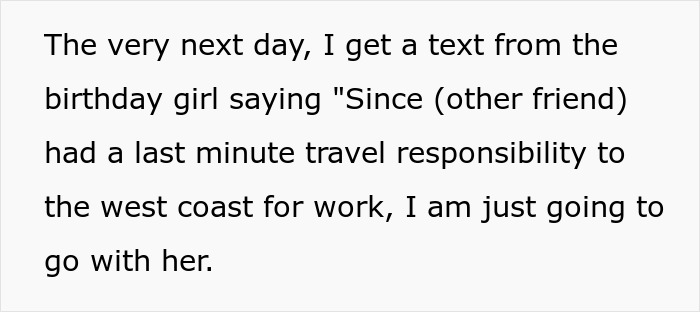 Text message on a white background detailing a last-minute travel change related to suspicious woman's gut instinct.