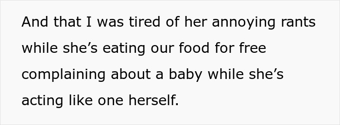 Text excerpt showing a rude relationship dynamic involving a baby and annoying rants about free food.