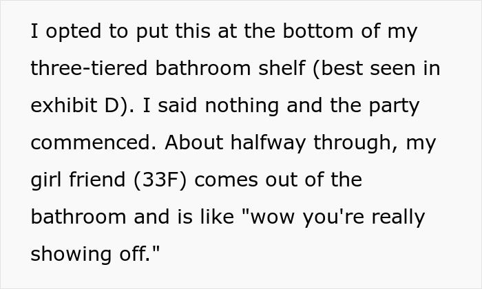 Text excerpt discussing a man stashing Midol and tampons in a bathroom, sparking guest drama over virtue signaling.