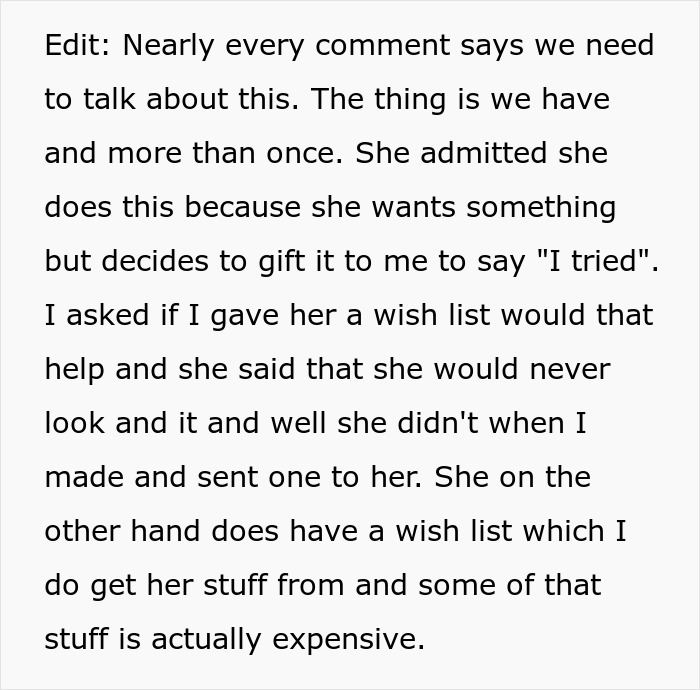Text discussing a girlfriend trashing gifts and the complexity of giving and receiving presents in a relationship.