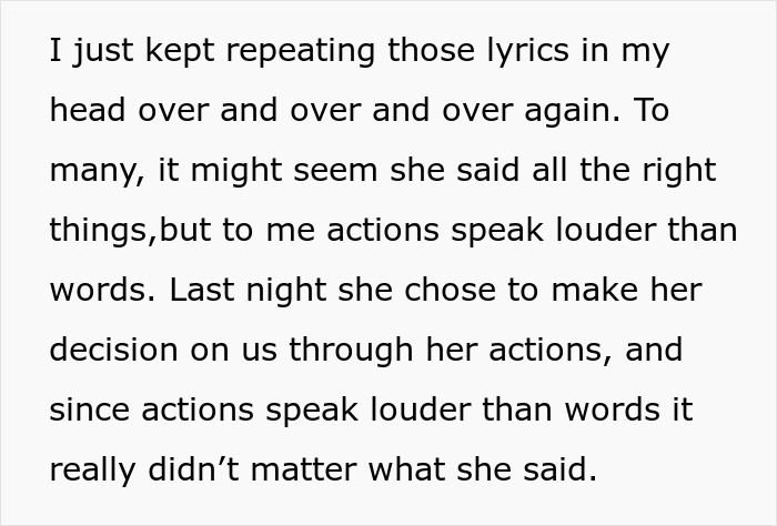 Text excerpt discussing actions speaking louder than words in a story about a boyfriend, girlfriend, and an ex.
