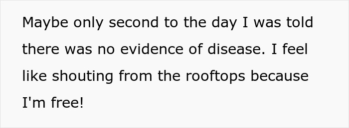 Imagem de texto com mensagem sobre sentir-se livre após nenhuma evidência de doença, relacionada ao divórcio e choque de realidade.