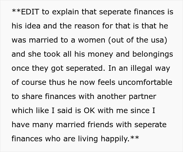 Text explaining separate finances due to past financial issues, highlighting refusing to pay for burnt steak cooked by husband.