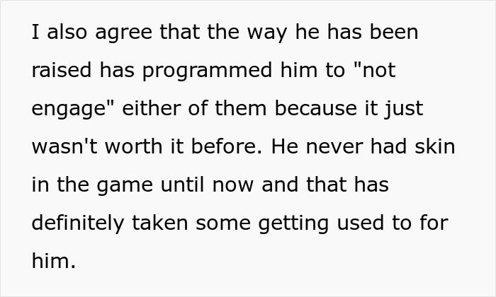 Text excerpt from a discussion about husband&rsquo;s upbringing affecting his engagement, related to new mom spiraling into anxiety with in-laws visits.