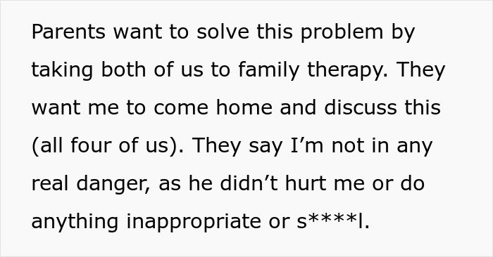 Text discussing parents wanting family therapy after creepy teen cuts step-sister's hair, thinking it's no big deal.