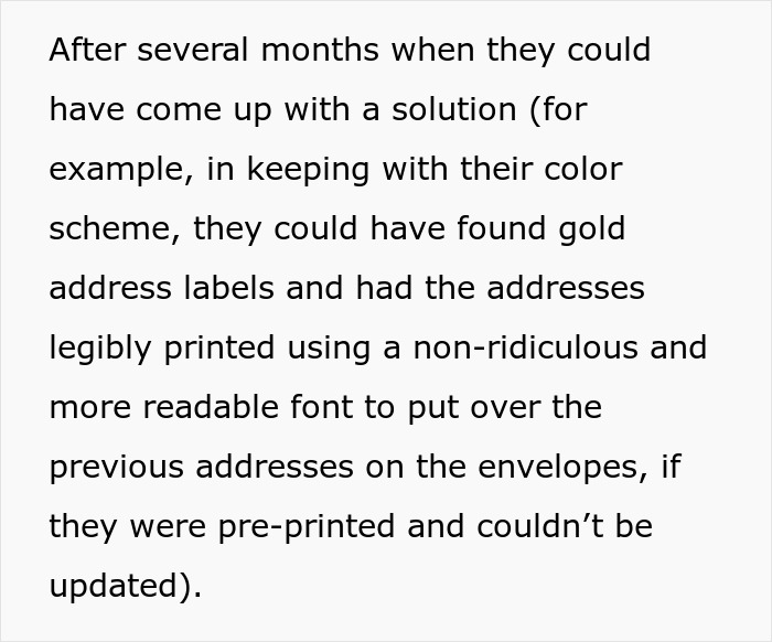 Text discussing solutions for misdelivered couple&rsquo;s fancy wedding invites, including address label improvements.