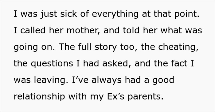 Text excerpt showing a husband telling his ex&rsquo;s parents about cheating before leaving, highlighting relationship issues.