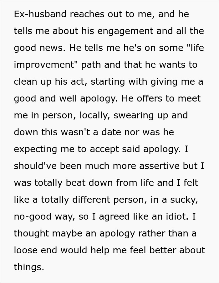 Text excerpt showing a woman’s story about her cheating husband and his attempt at a remorseful apology.