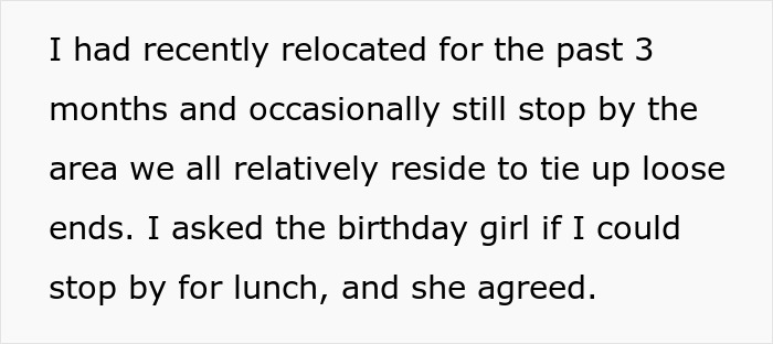 Text excerpt displayed on a white background describing recent relocation and an agreed lunch visit with a birthday girl.