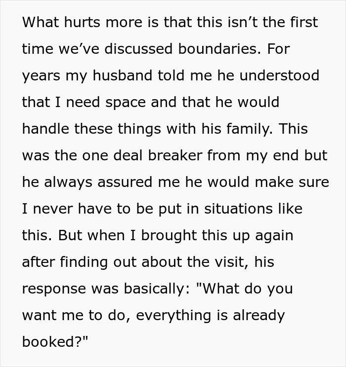Text showing a wife feeling hurt and disrespected after husband approves family&rsquo;s 6-week stay without asking her.