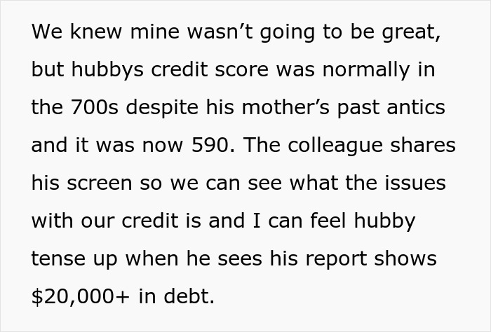 Text describing a credit report showing over $20,000 in debt causing financial tension and concerns about filing bankruptcy.