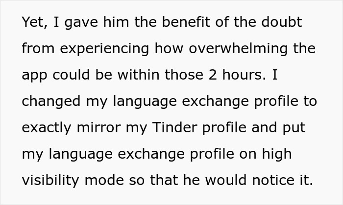 Text excerpt describing a woman adjusting her language exchange profile after a perfect first date abroad.
