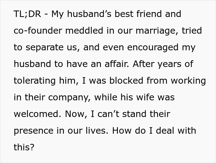 Text excerpt describing a husband&rsquo;s best friend sabotaging the marriage and causing conflict and separation issues.