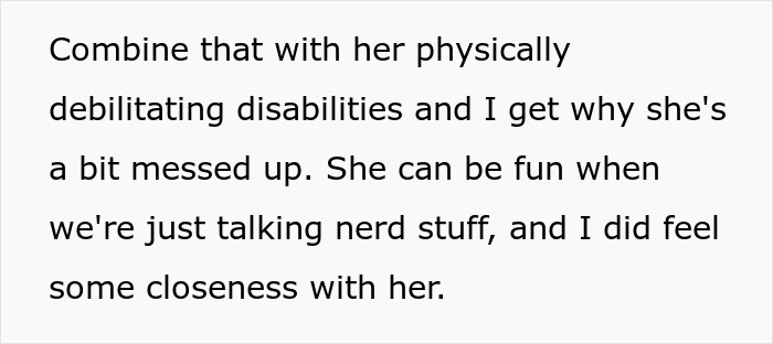 Text excerpt showing a woman reflecting on her friend with disabilities and feelings of closeness despite challenges.