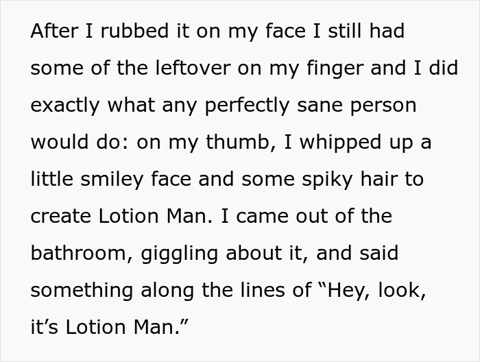 Text excerpt showing a woman's innocent goofy joke revealing her husband is a horrible cheating jerk.