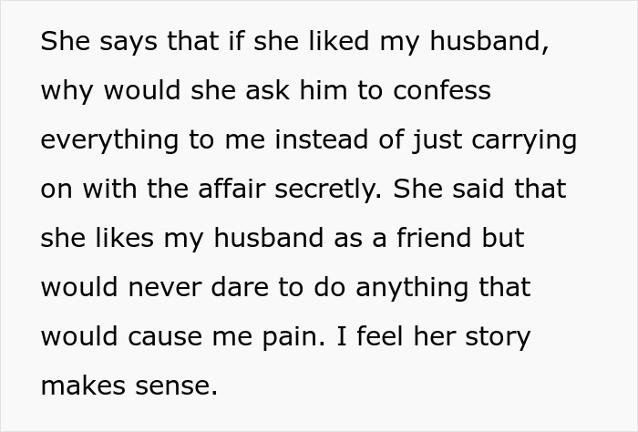 Text excerpt discussing feelings about husband, bestie, and an affair after hearing moaning, revealing suspicion and emotions.