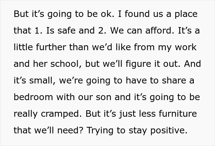 Text of family discussing finding a safe, affordable place after grandparents kick young family out for refusing to leave toddler behind.