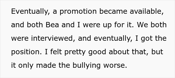 Text excerpt describing office bullying, theft exposure, and a woman confronting the office bully with security involved.