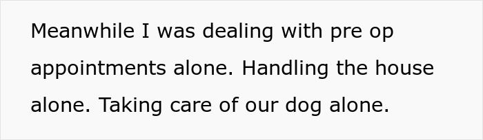 Text on a plain background reading Meanwhile I was dealing with pre op appointments handling the house and dog alone.