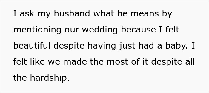 Text excerpt about a wife confronting her husband over wedding memories amid mental health struggles and emotional hardship.