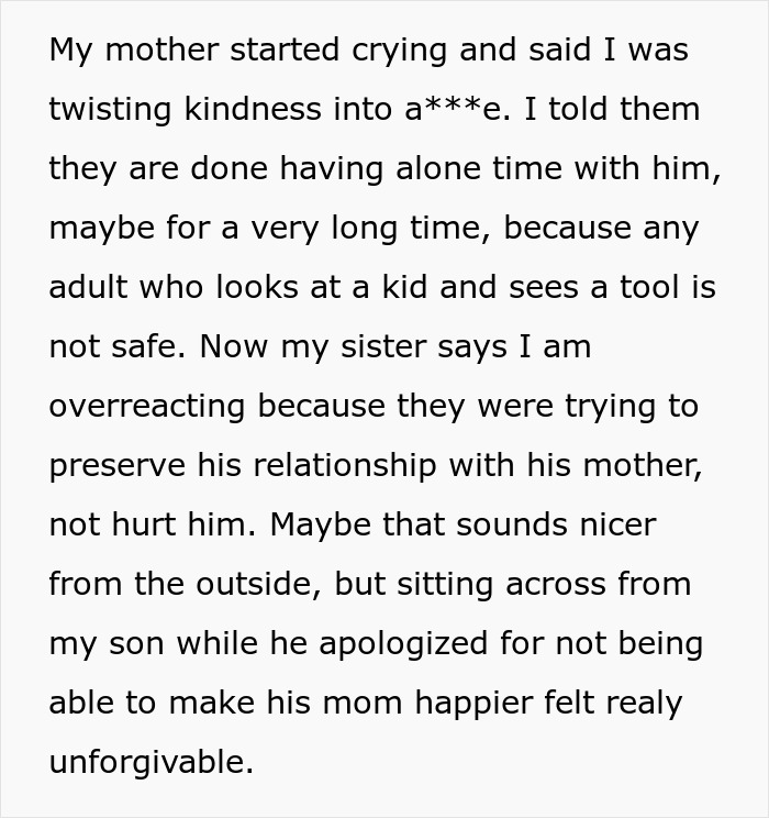 Text excerpt showing a parent's response to grandparents guilt tripping their kid over his mom, causing a family conflict.