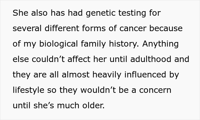 Text about genetic testing and family history outlining concerns related to lifestyle and future health risks.
