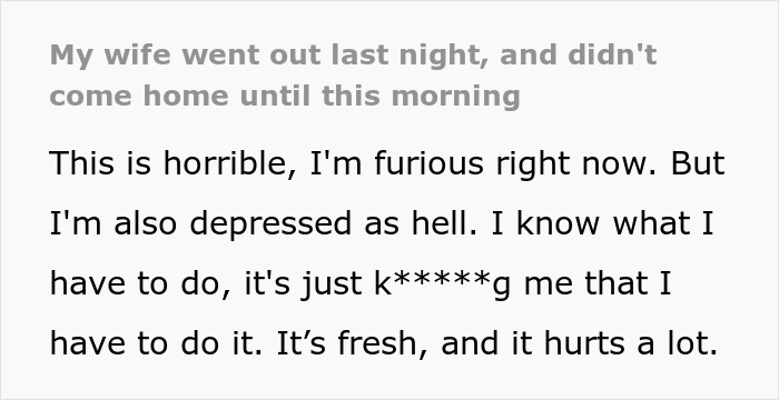 Text post with husband expressing anger and depression after wife admits to cheating multiple times for variety.