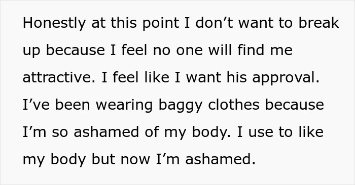 Text showing a woman feels ashamed of her body and stays in a relationship due to her partner nagging her to lose weight.