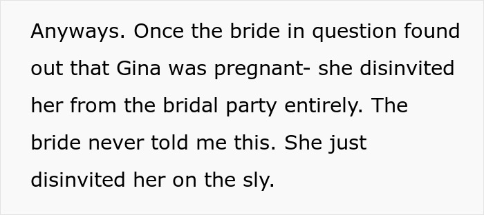 Text excerpt discussing bride’s obsession with control leading to disinviting a pregnant friend from the bridal party.