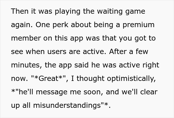 Text excerpt about playing the waiting game on a dating app after a perfect first date abroad.
