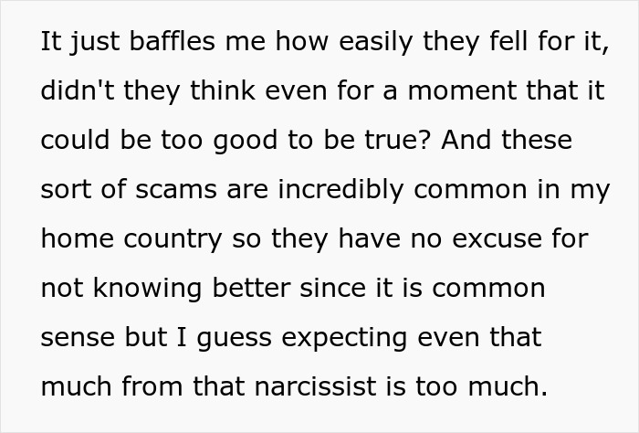 Text discussing common scams and frustrations with a narcissist, related to jobless 36YO dragging parents into competition.