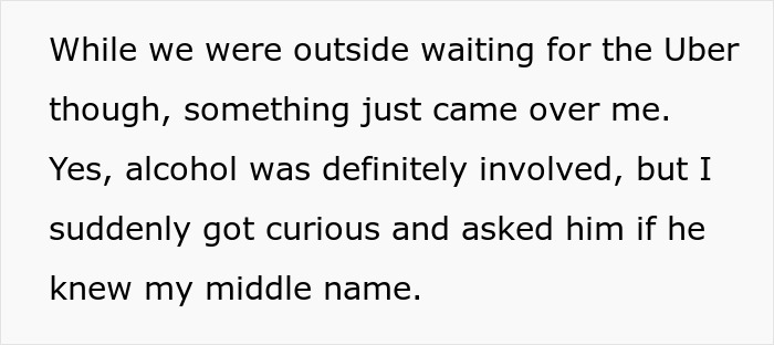 Text excerpt about romantic indifference highlighting curiosity, alcohol, and lack of knowledge about middle name.
