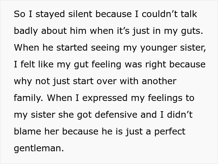 Text excerpt showing a woman describing her gut feeling about her brother-in-law and concerns for her sister. Text excerpt showing a woman describing her gut feeling about her brother-in-law and concerns for her sister.