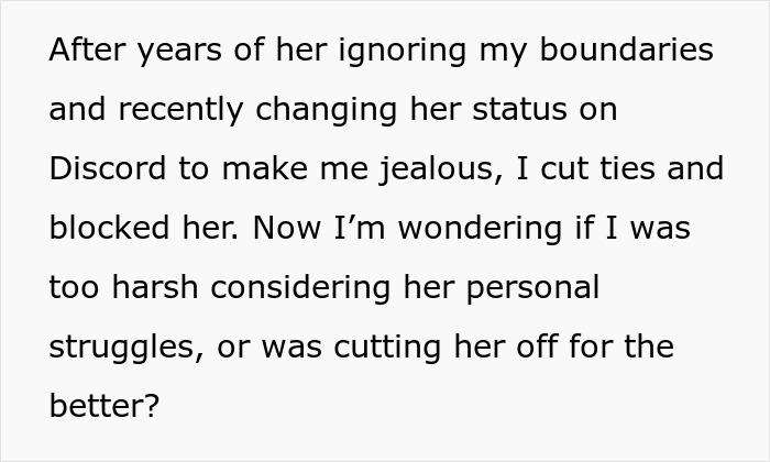 Text about a woman persistently trying to make her friend of 10 years fall in love, leading to being blocked.