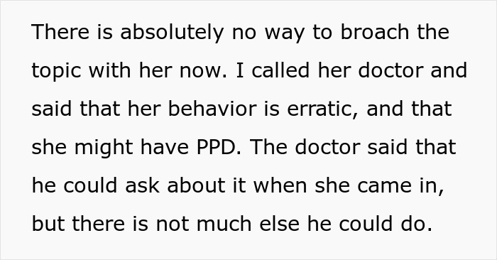 Screenshot of text discussing concerns about erratic behavior and possible PPD mentioned by a doctor during a Zoom call.